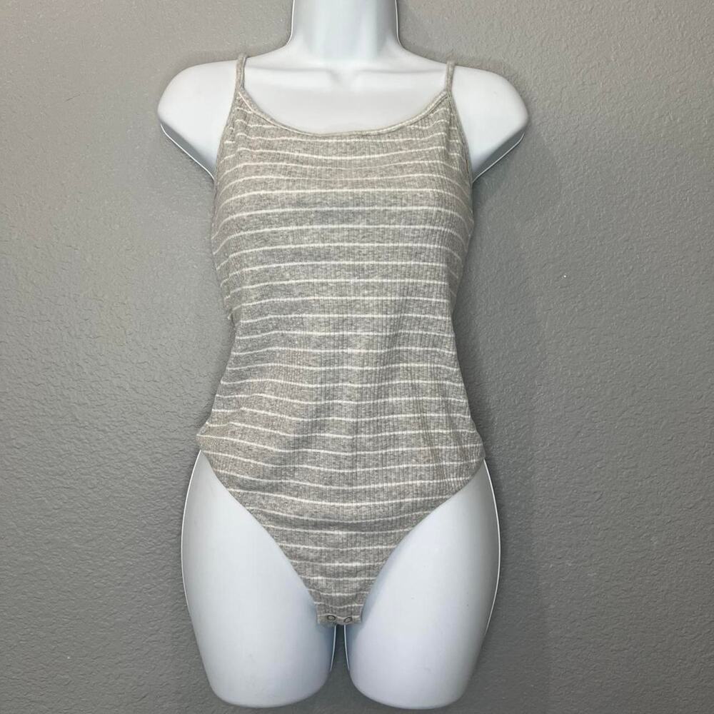 Grey and white striped express bodysuit